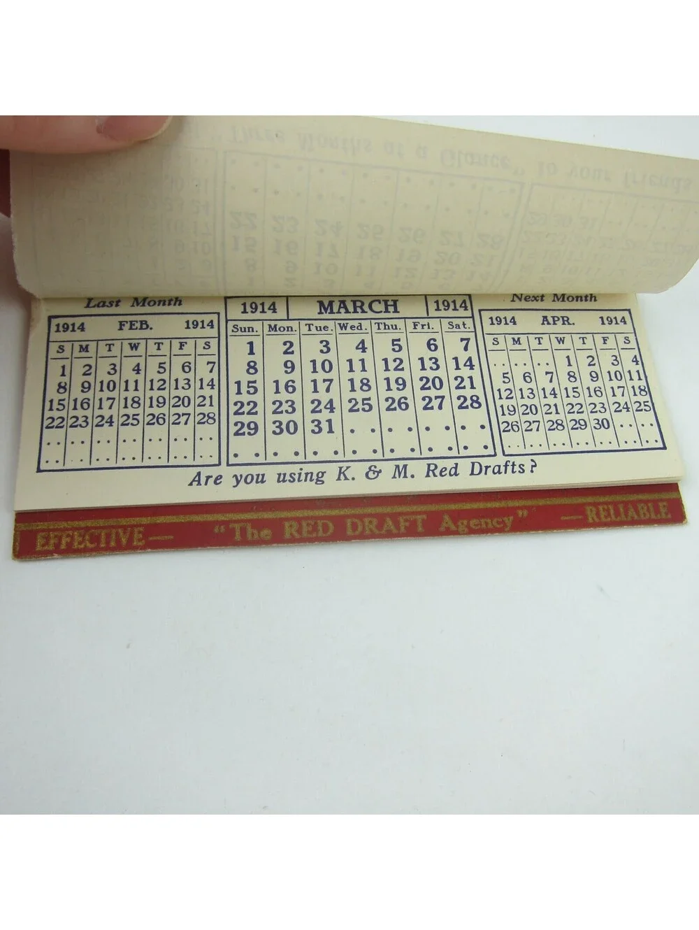 Antique 1914 Calendar Pad K. & M. Red Drafts Agency Debt Collection 4.75 x 2.5